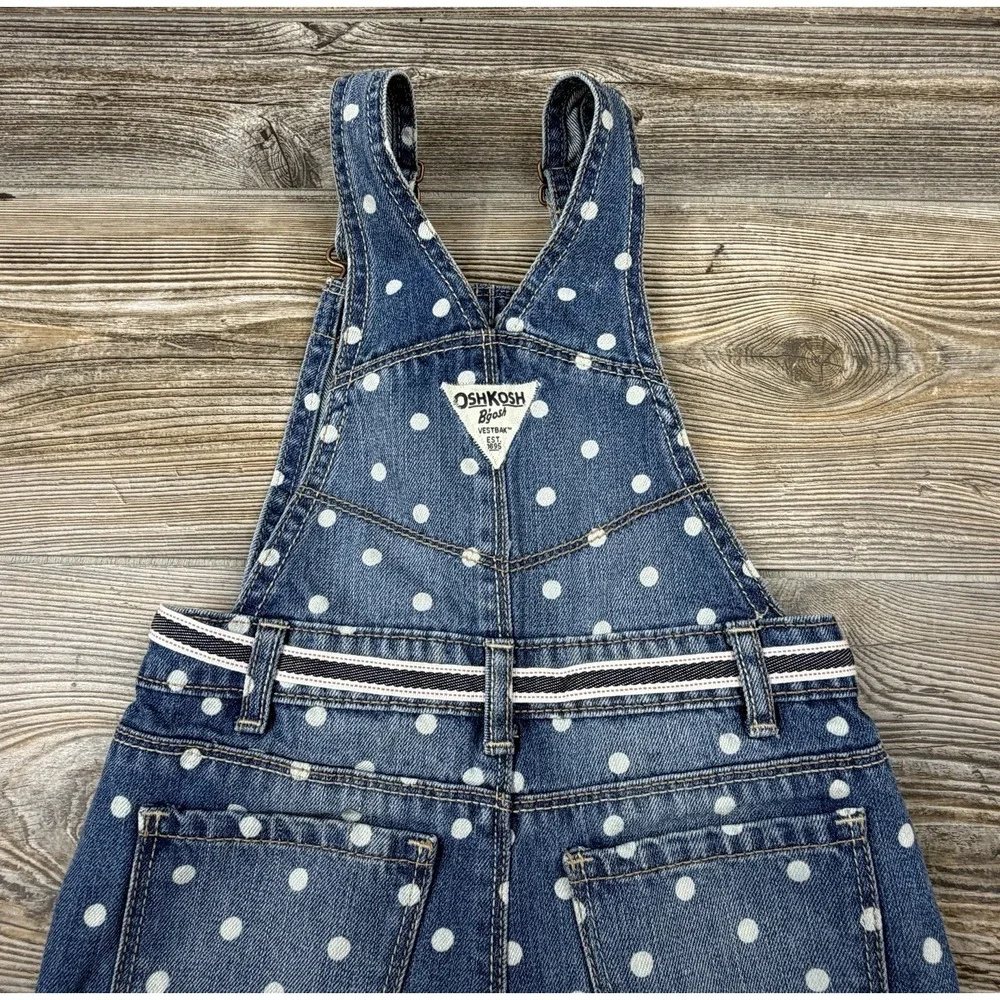 Oshkosh B'Gosh Denim Blue White Polka Dot Overalls Girls 4T Vestpak One-Piece